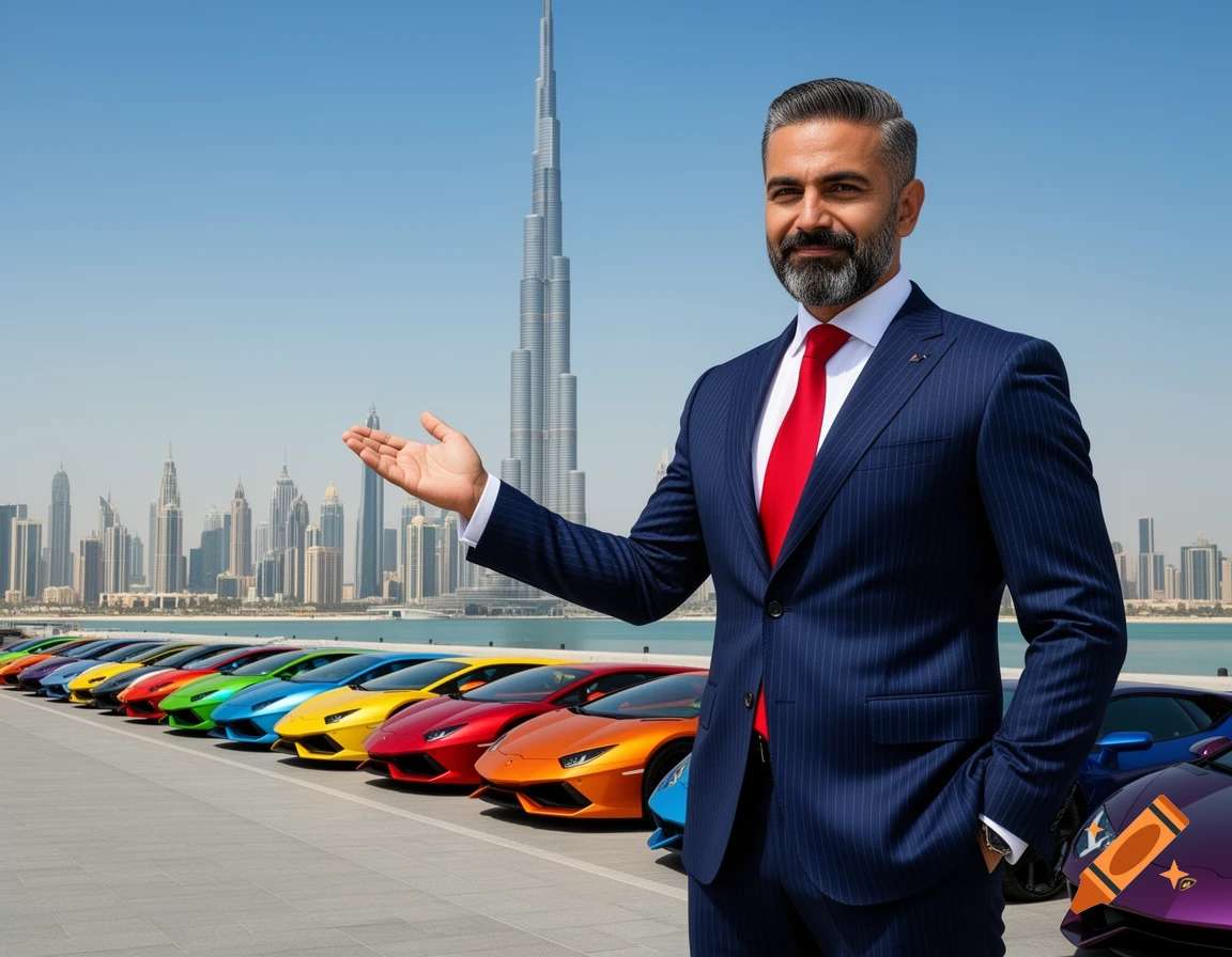 A photorealistic image of a businessman in a suit presenting a line of colorful Lamborghinis with the Burj Khalifa and Dubai skyline in the background.