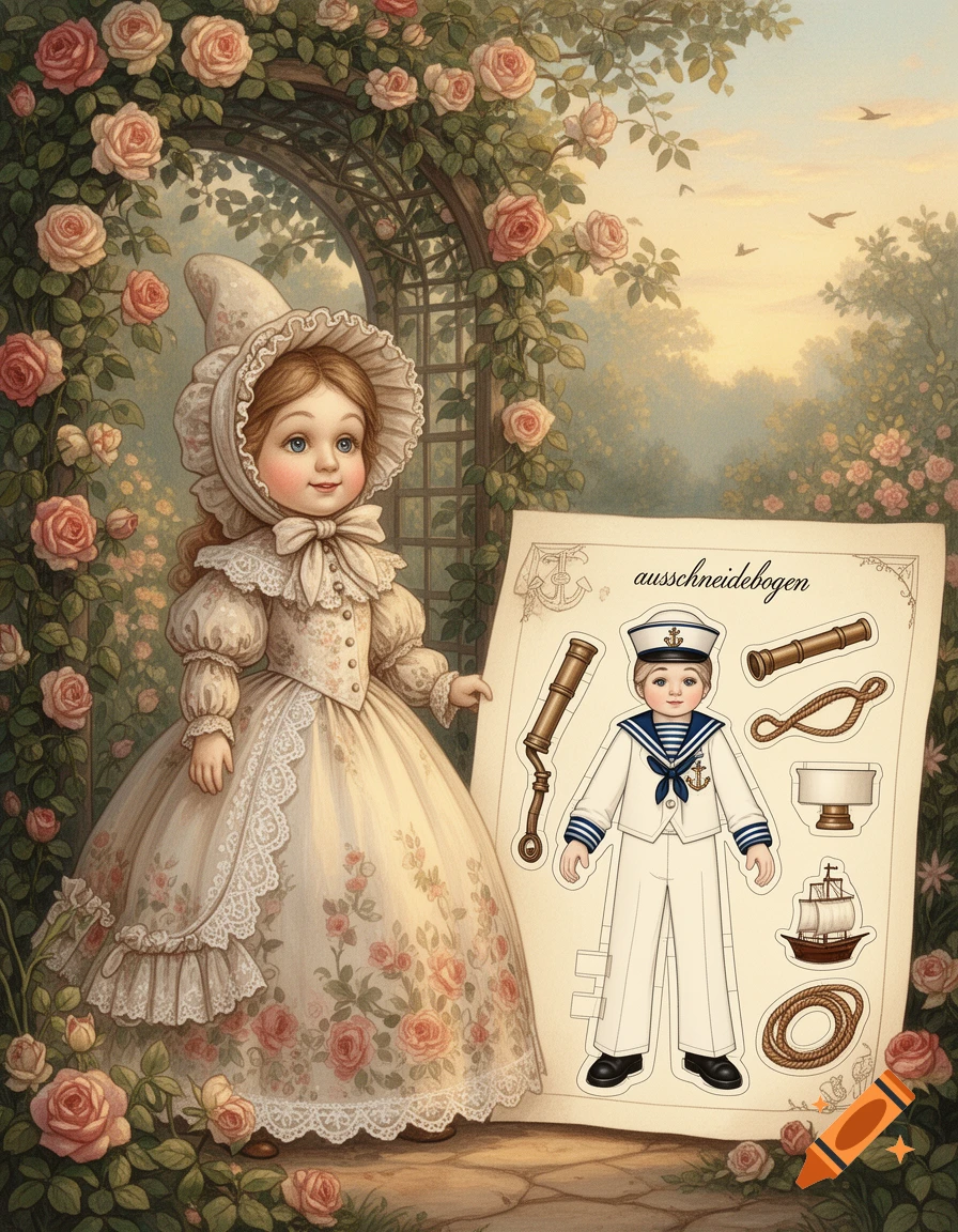 Victorian girl in a bonnet standing in a rose garden next to a paper doll cut-out sheet with a sailor boy and accessories.