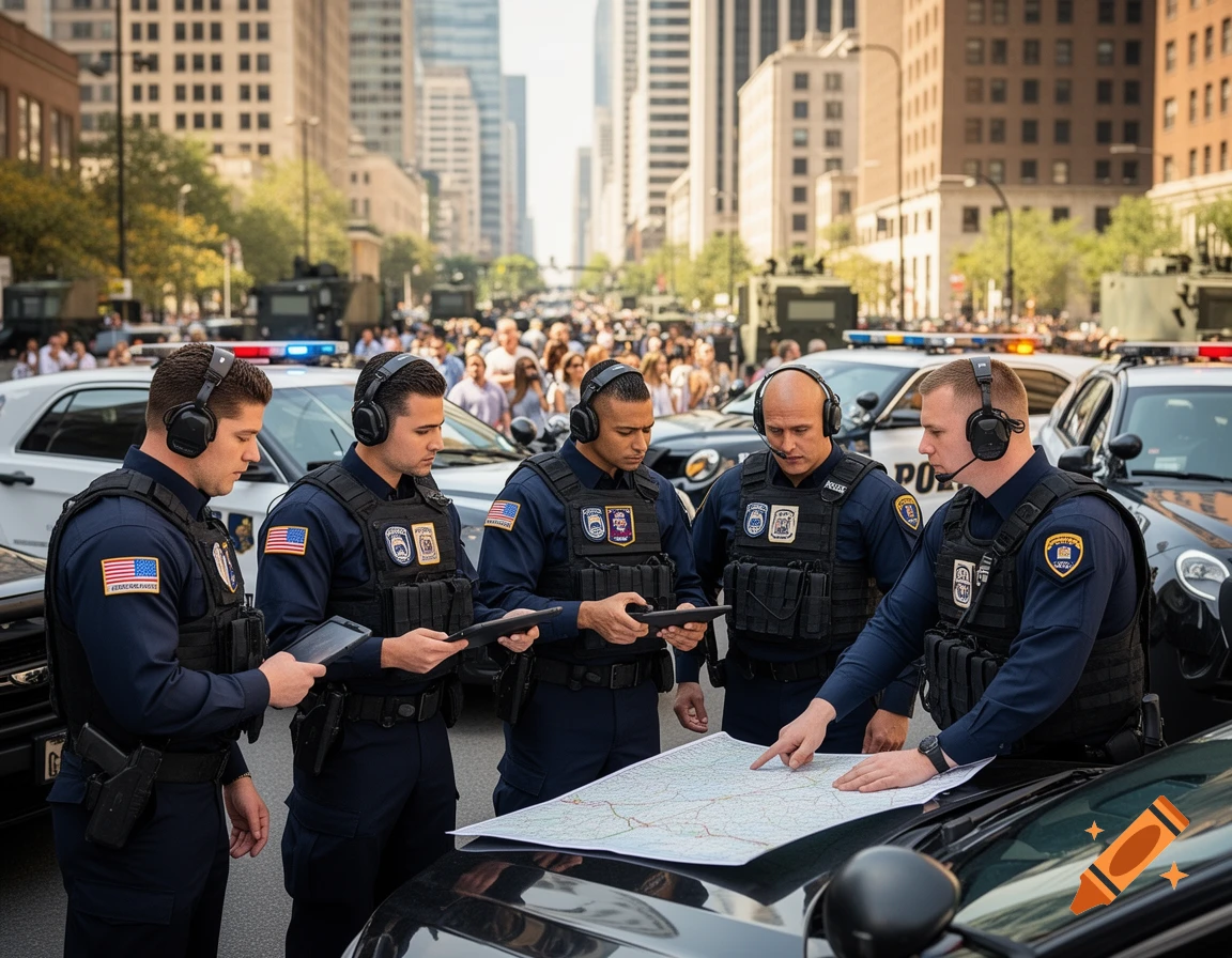 Five police officers in tactical vests and headphones gather around a map spread on a car hood, with a city street and crowd in the background.