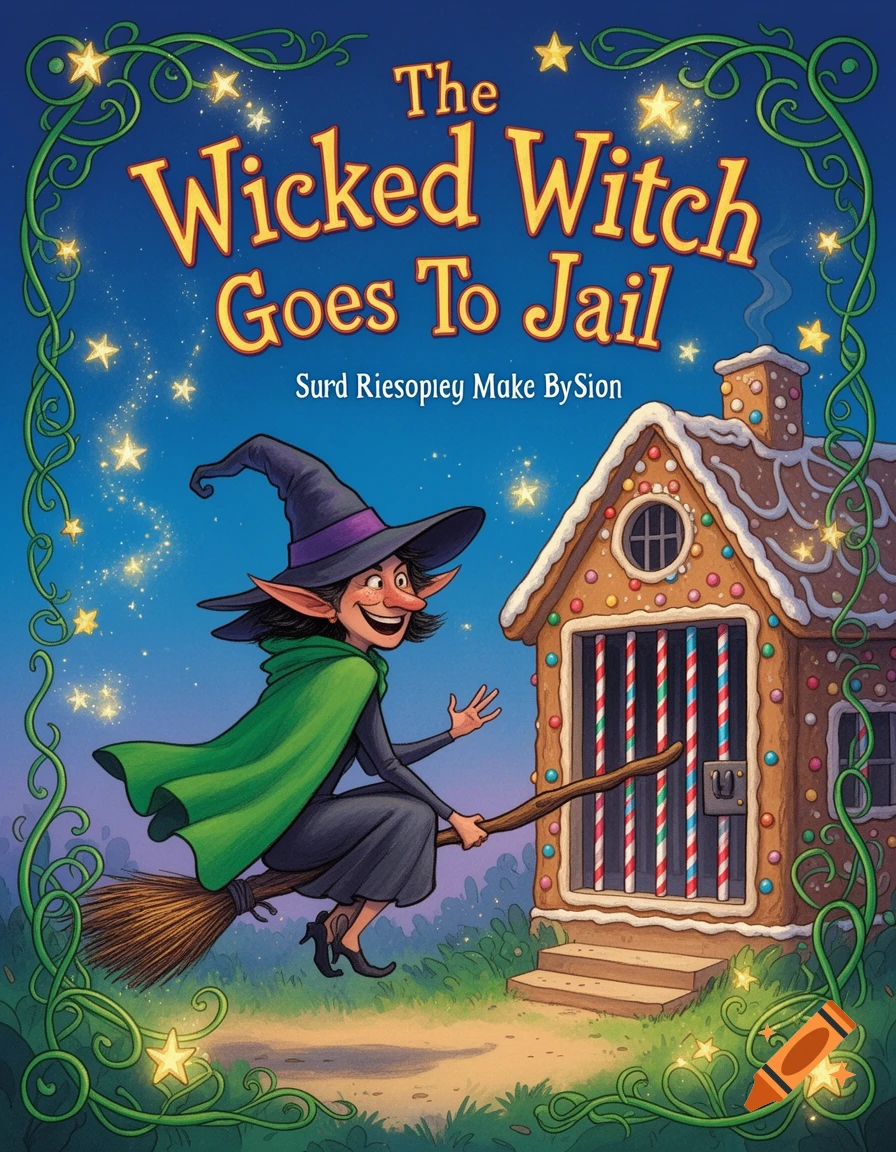 A colorful children's book cover shows a smiling witch on a broomstick next to a gingerbread house designed as a jail. The title reads 'The Wicked Witch Goes To Jail'.