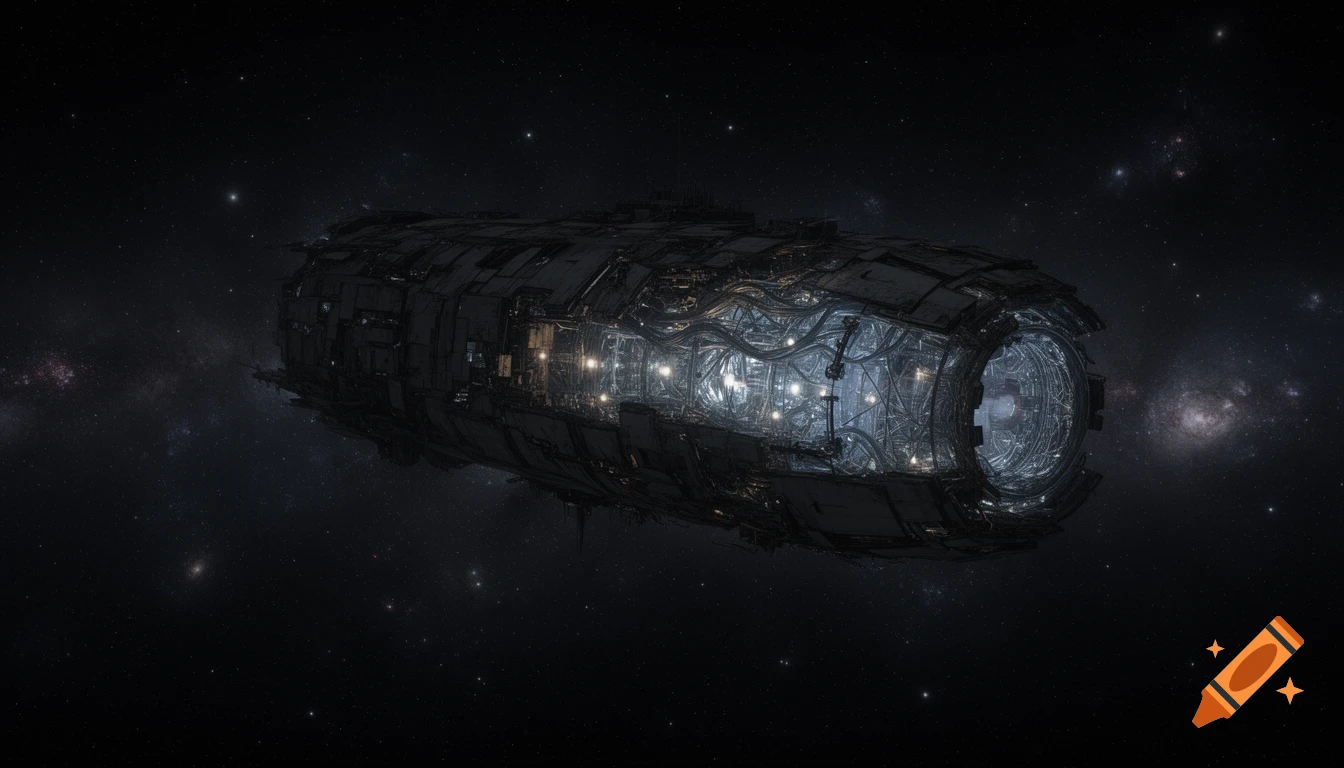 A large, damaged futuristic spaceship with glowing internal systems floats in dark space among stars and distant galaxies.