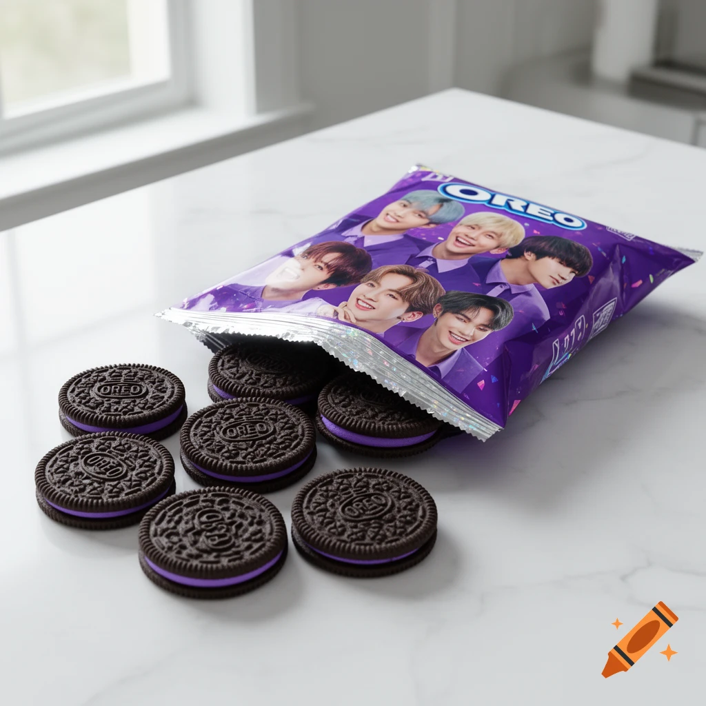 A purple Oreo cookie packet featuring K-pop group BTS members, with several cookies spilled onto a white marble surface.