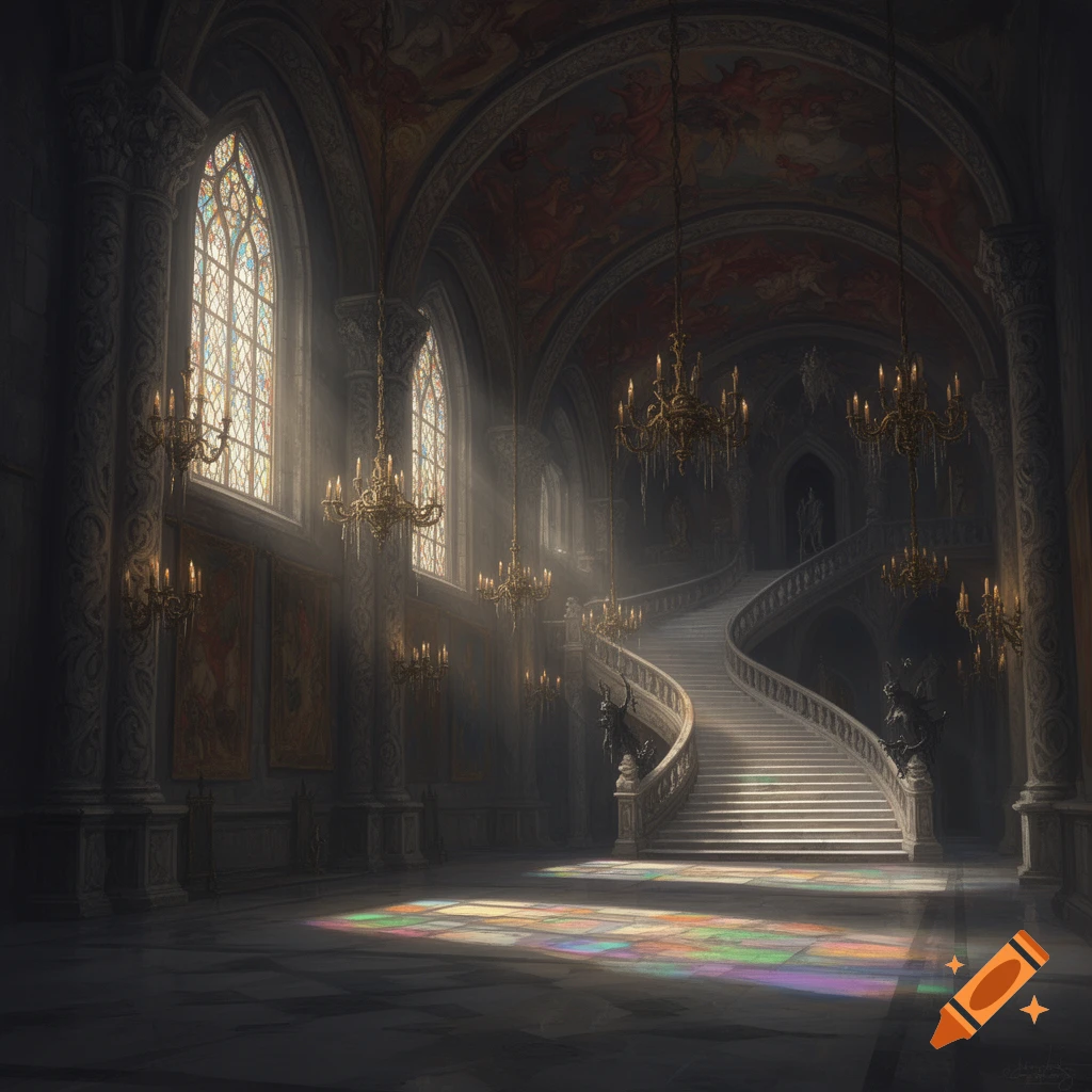 Grand, dark fantasy castle hall with stained-glass windows, chandeliers, and a sweeping staircase, bathed in sunlight.