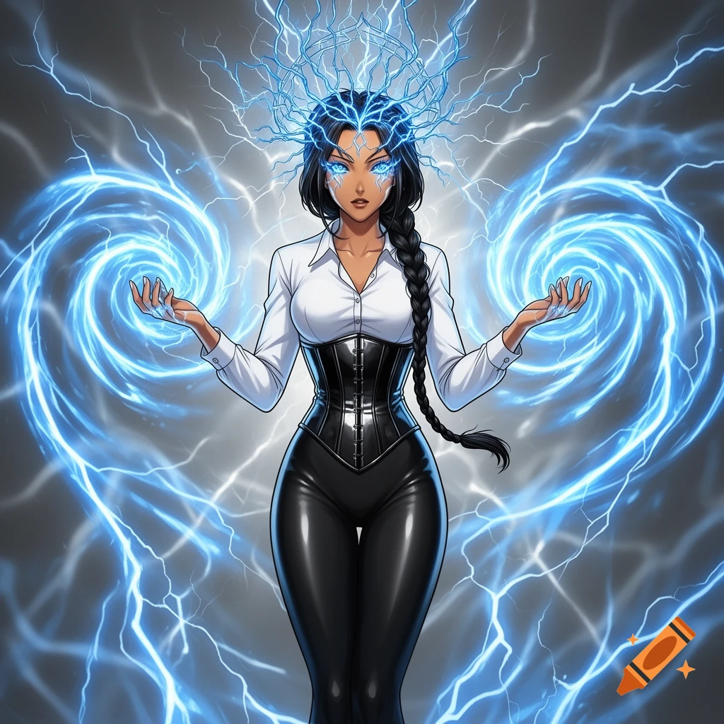 A powerful woman with glowing blue eyes and braided hair, emanating blue electricity from her hands and head, wearing a white blouse, black corset, and shiny black leggings.