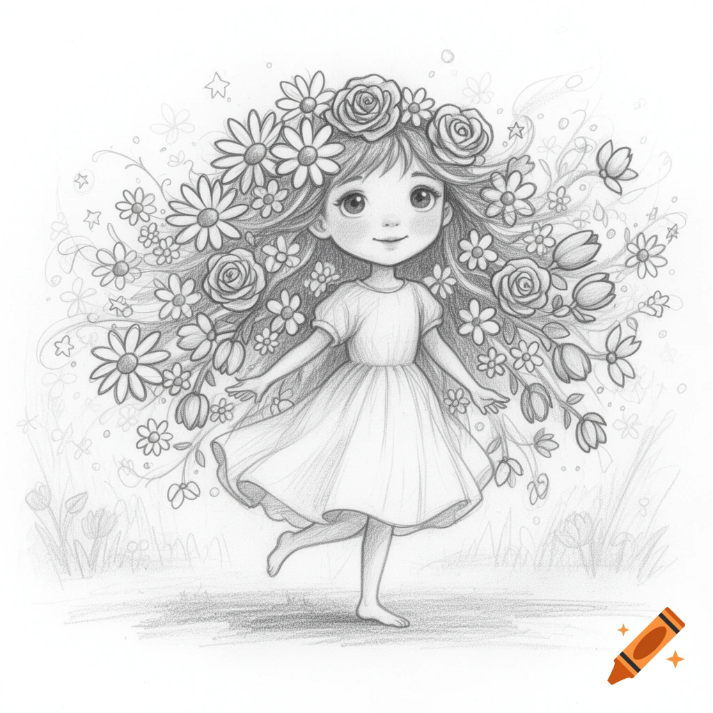 Pencil sketch of a smiling flower spirit girl with long hair flowing with daisies, roses, and tulips, dancing in a field.