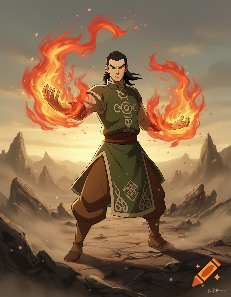 Anime-style male fire bender with dark hair and green eyes, wearing a green tunic, summoning flames in a rocky desert landscape.