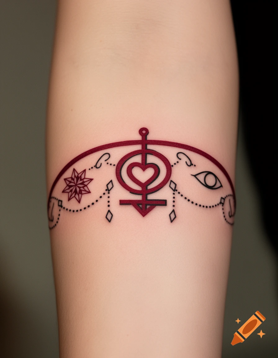 A symbolic tattoo band featuring a heart-like Elibelinde, a geometric star, and an eye, connected by dotwork, on a forearm.