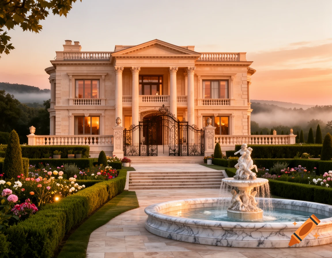 A grand classical mansion with a marble fountain and lush gardens, bathed in the warm light of sunrise or sunset.