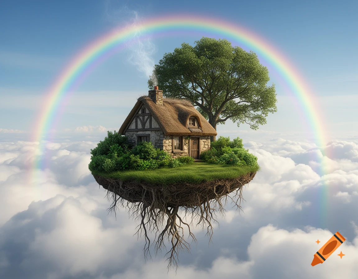 A whimsical cottage with a thatched roof and a large tree on a floating island of grass and roots, suspended above clouds with a vibrant rainbow arching overhead.