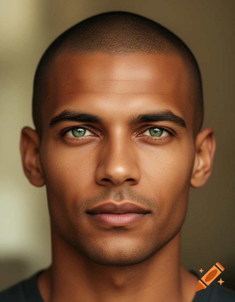 Photorealistic close-up portrait of a mixed-race man with a shaved head and green eyes, looking forward.