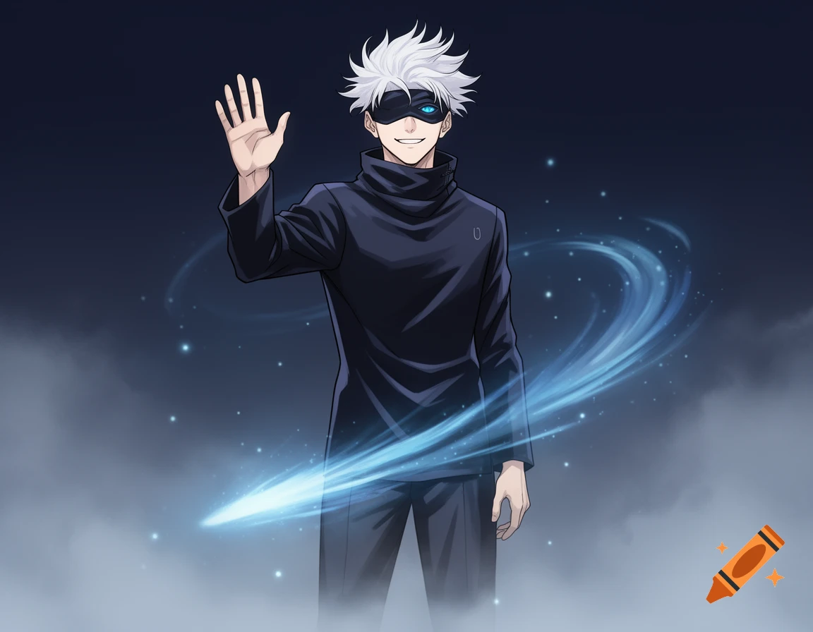 Anime illustration of Gojo Satoru with white hair and blindfold, waving, surrounded by blue mystical energy.
