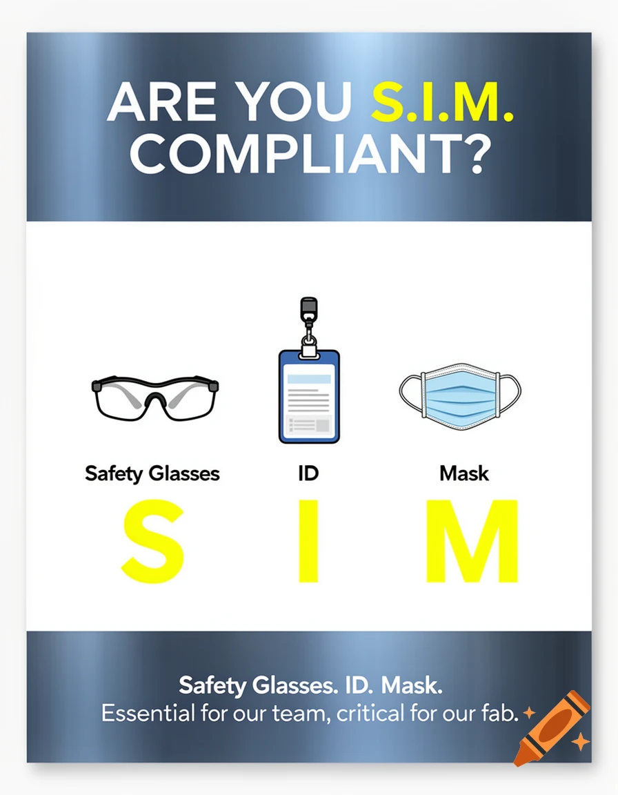 Professional workplace safety poster showing safety glasses, an ID, and a face mask, asking 'ARE YOU S.I.M. COMPLIANT?'