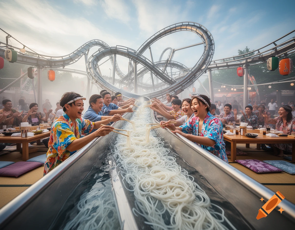People in colorful kimonos excitedly use chopsticks to catch flowing noodles in a long trough under a rollercoaster track in a lively outdoor setting.