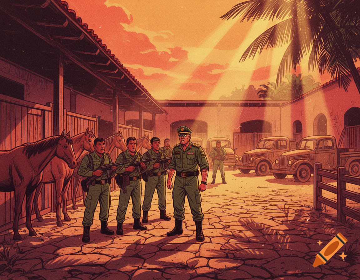 A group of soldiers and a colonel stand in a sun-drenched South American hacienda courtyard with horses and vintage trucks, in a retro comic book style.