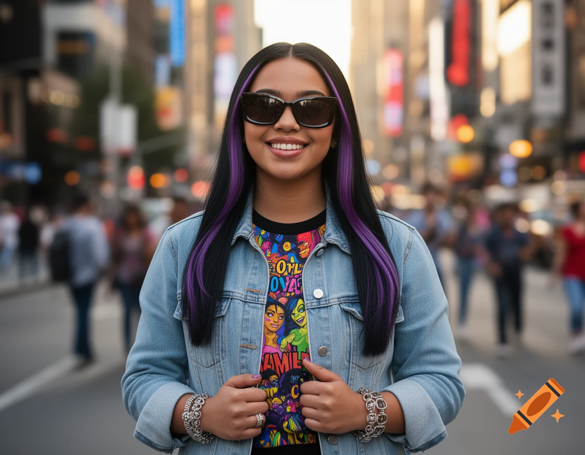A smiling young woman with purple streaks in her hair and sunglasses wears a denim jacket and colorful graphic t-shirt on a city street.