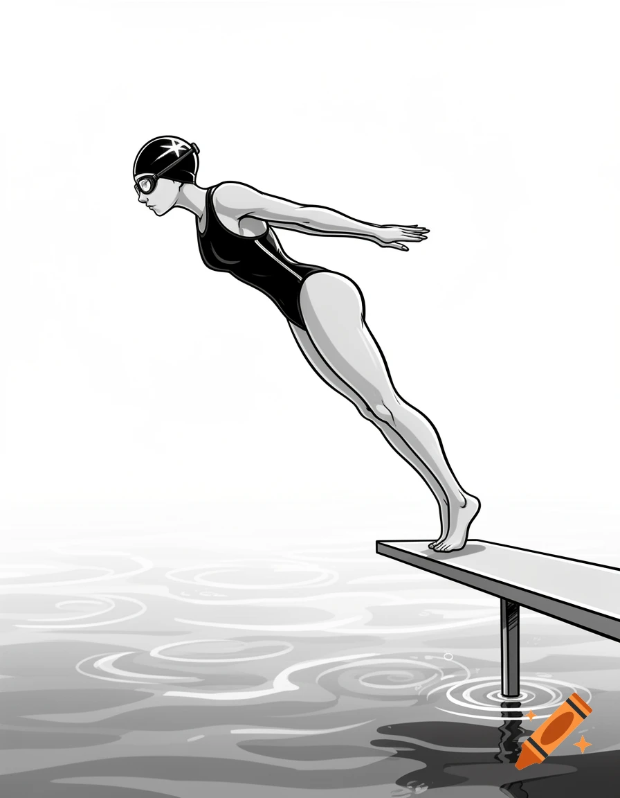 A black and white cartoon illustration of a female swimmer in a one-piece suit and cap, poised to dive from a board.