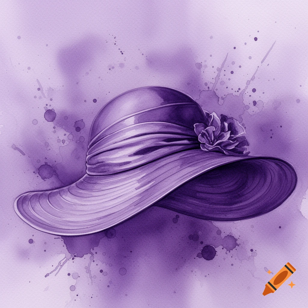 An elegant purple vintage sunhat, rendered in a soft watercolor painting style with delicate paint splatters on a monochrome background.