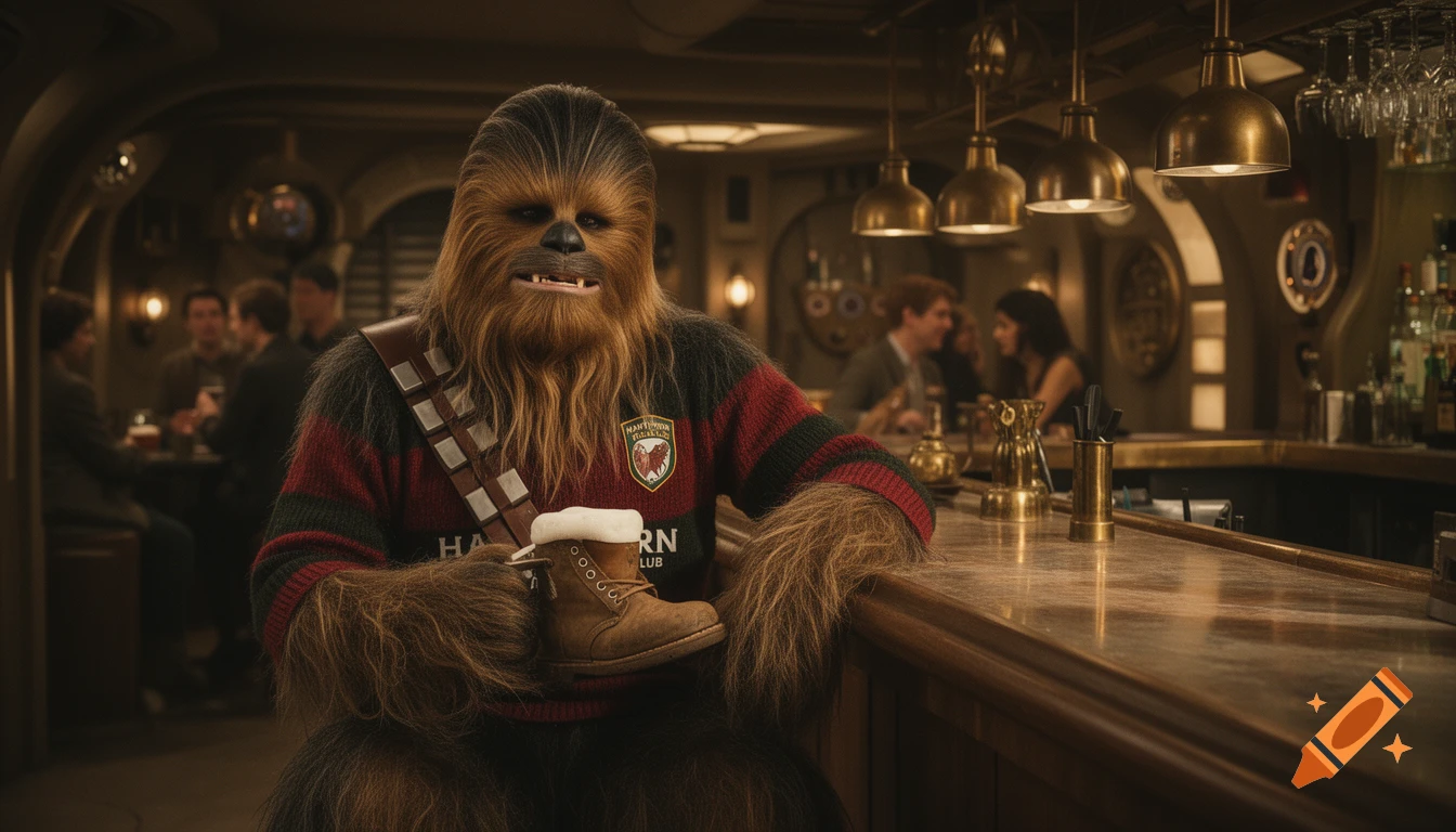 A photorealistic image of Chewbacca, wearing a red and green striped jumper, happily drinking a frothy beer from a boot at a rustic bar.