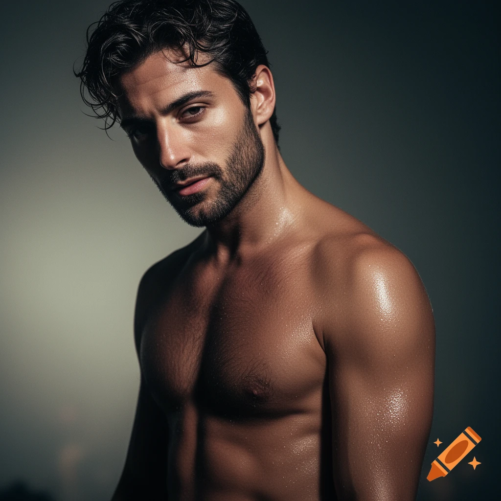 A close-up, photorealistic portrait of a shirtless, sweaty man with dark wavy hair and a beard, looking intensely at the viewer.