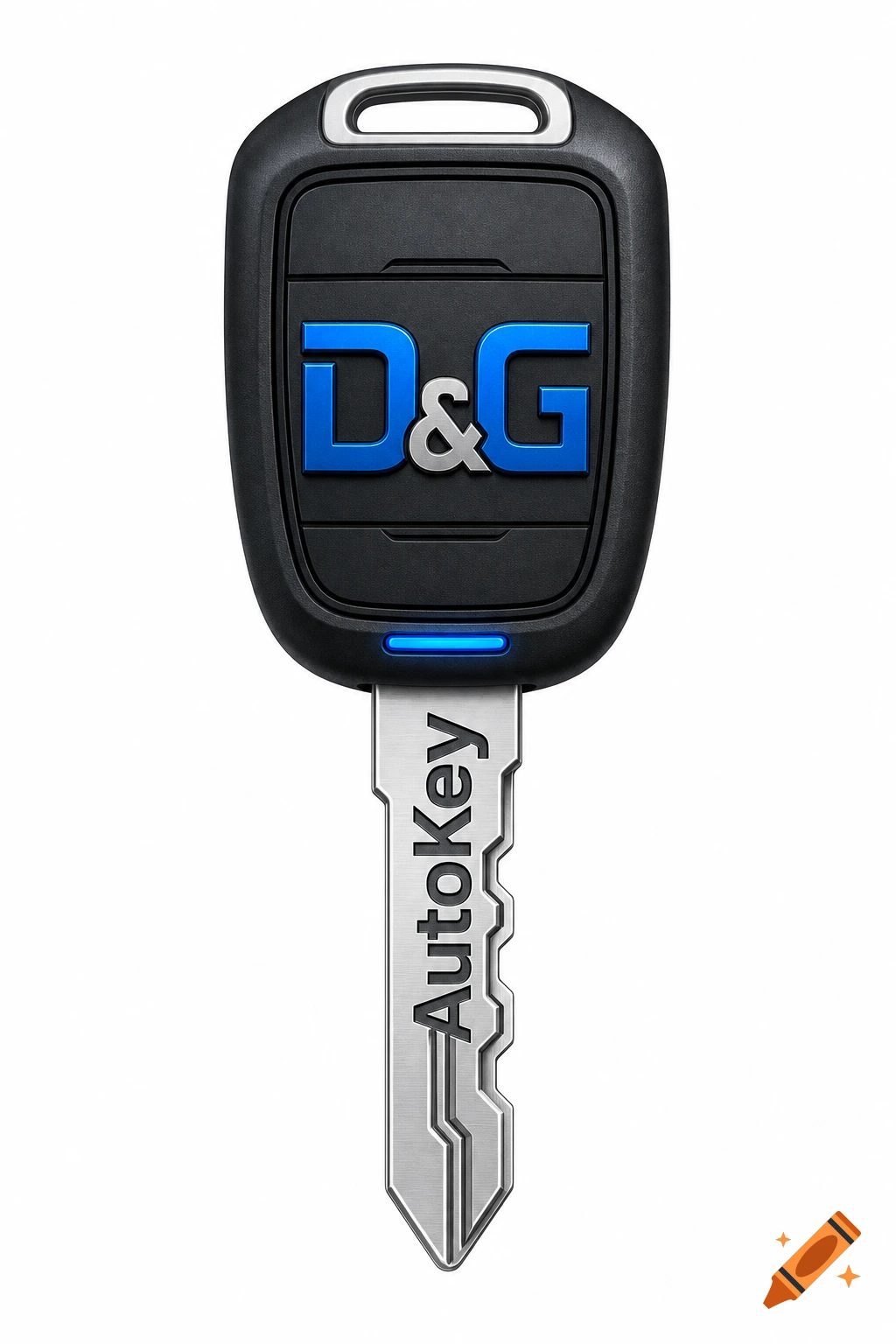 A black car key fob with 'D&G' in blue and silver, attached to a metallic silver key blade with 'AutoKey' etched on it, against a white background.