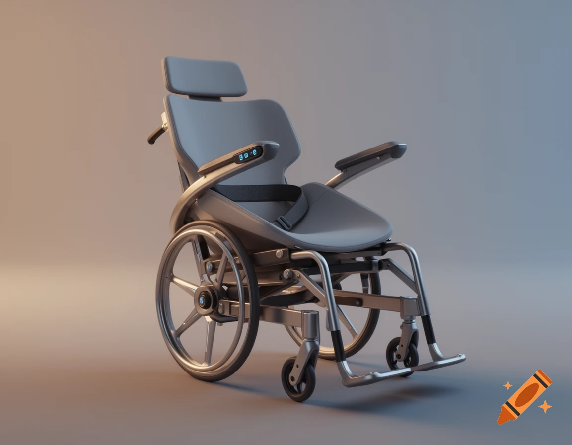A modern, grey smart wheelchair with a headrest, seatbelt, and a small digital display on the armrest, set against a studio background.