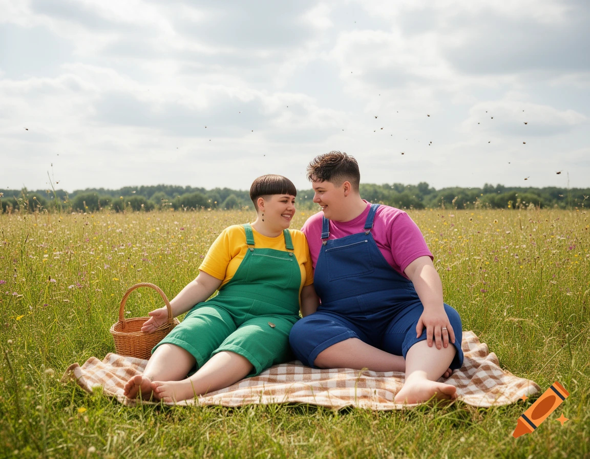 A couple in colorful overalls and t-shirts sits barefoot on a blanket in a sunny meadow with a picnic basket.