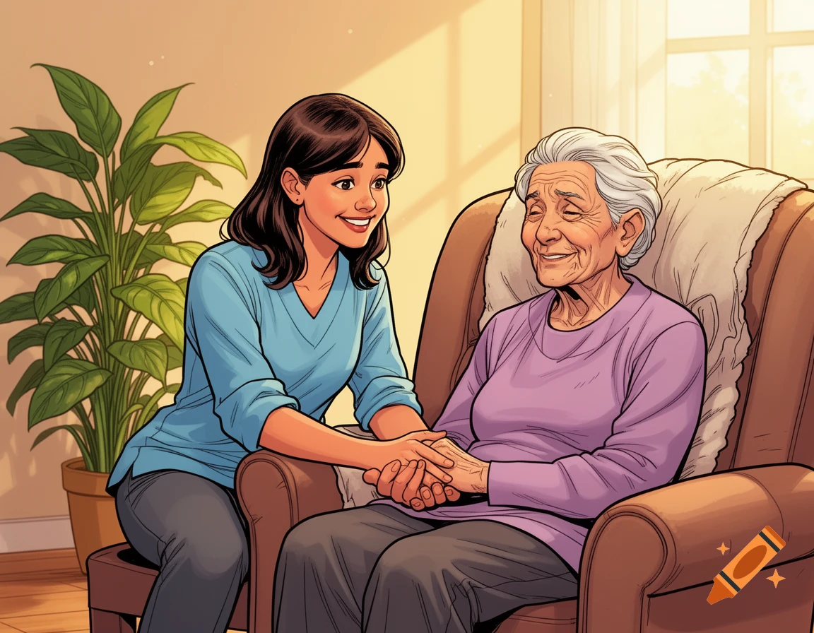 A young woman in comic style gently holds the hand of a smiling elderly woman seated in an armchair in a cozy room with a plant.