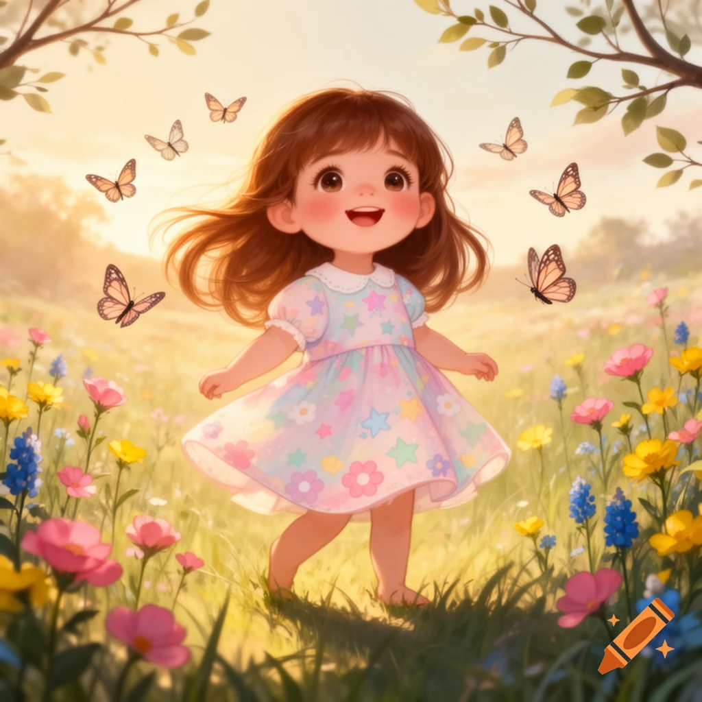 A happy, brown-haired cartoon girl in a pastel dress skipping through a sunny field with colorful flowers and butterflies, illustration.