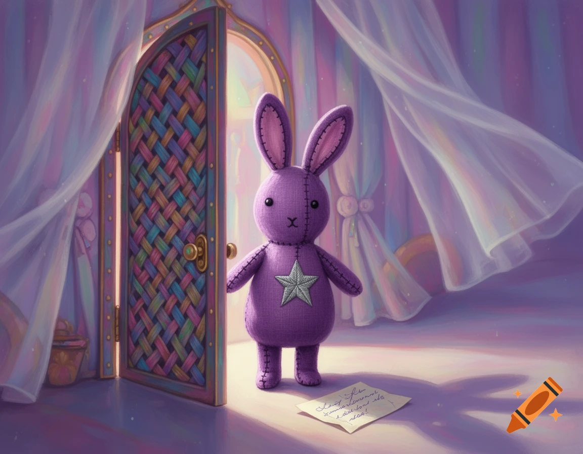 A purple stuffed bunny with a silver star stands in a whimsical room with an open, colorful woven door and a note on the floor.