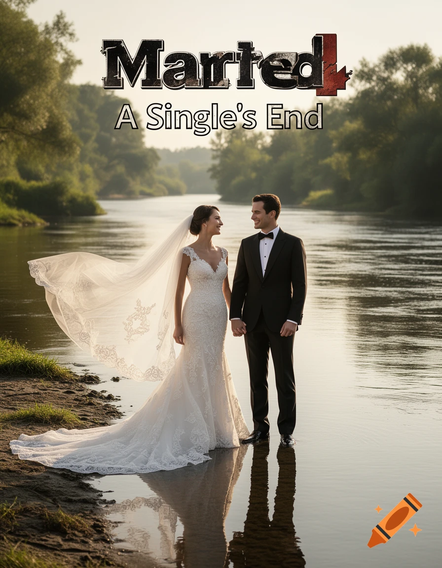 A wedding couple in formal attire stands hand in hand in a shallow river with their reflections. Text reads 'Married A Single's End'. Photorealistic.