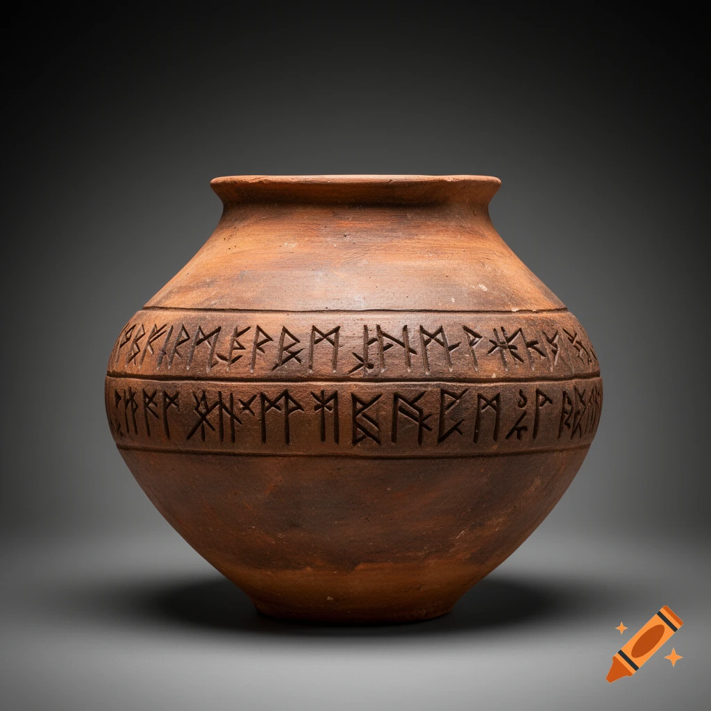 A photorealistic image of a reddish-brown clay vessel with two bands of carved runic-like symbols around its body, set against a dark gradient background.