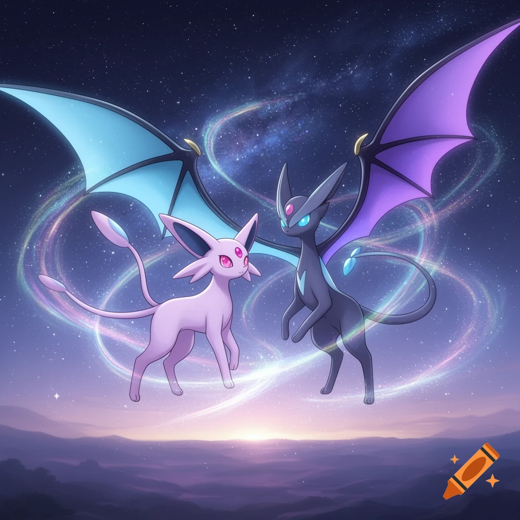 A pink, winged Espeon-like creature and a dark, winged celestial creature float in a starry night sky with colorful cosmic energy.