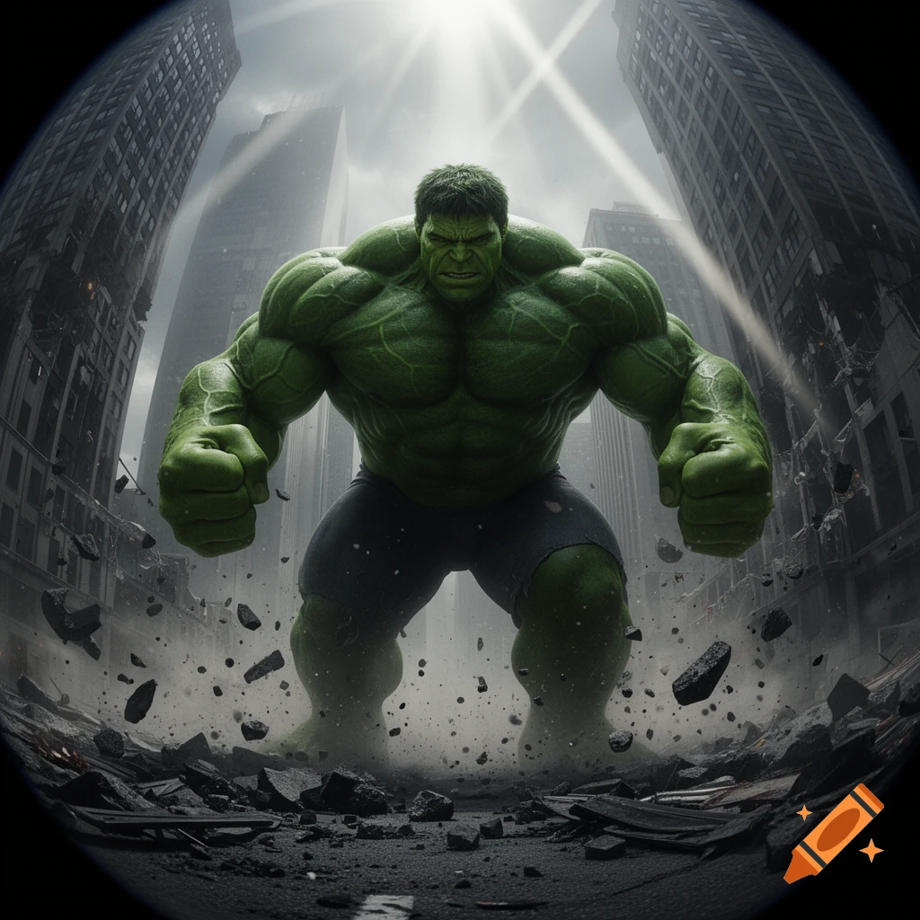 The Hulk stands menacingly in a destroyed city street under a bright, sunlit sky, surrounded by debris and towering buildings.