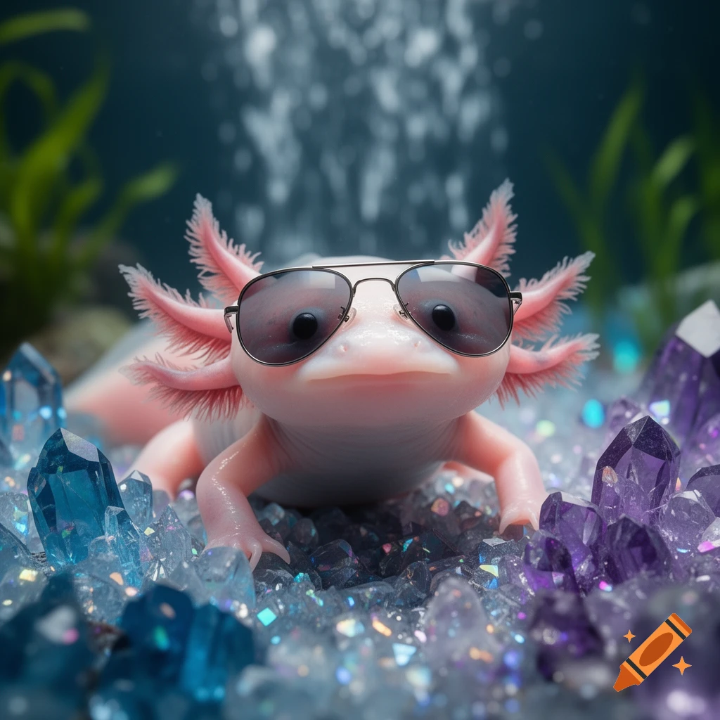 A pink axolotl wearing aviator sunglasses lies on a bed of sparkling blue and purple crystals under shimmering water.