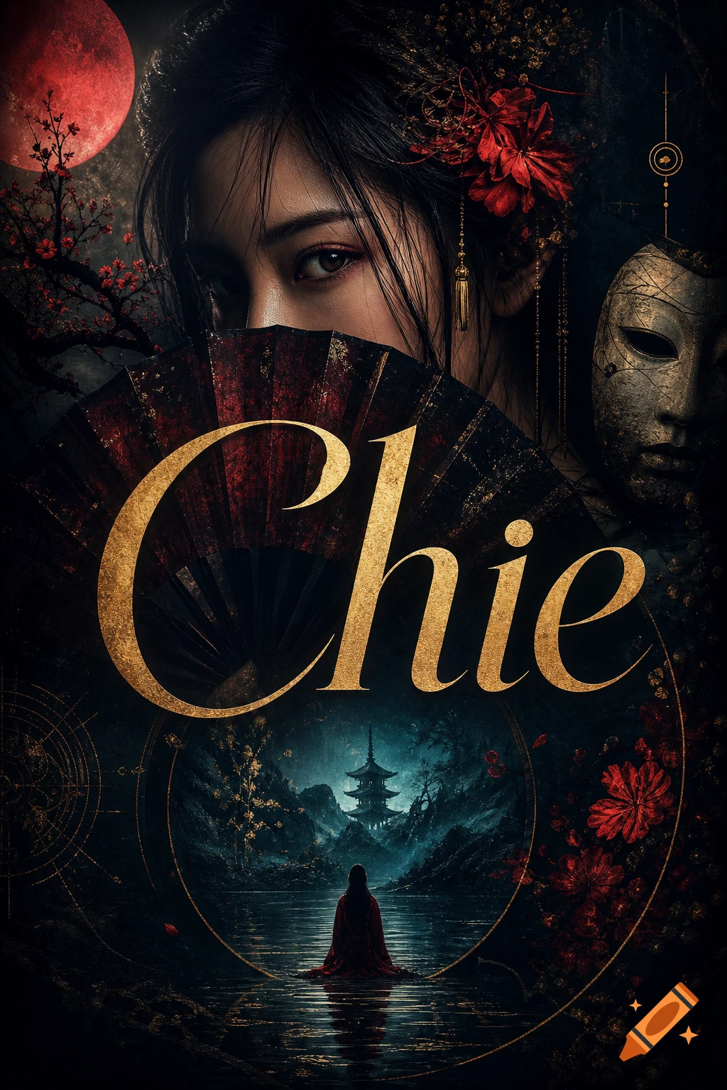 Dramatic portrait of a woman's eyes above a fan with 'Chie' text, set against a red moon, mask, and distant pagoda in a dark, stylized scene.