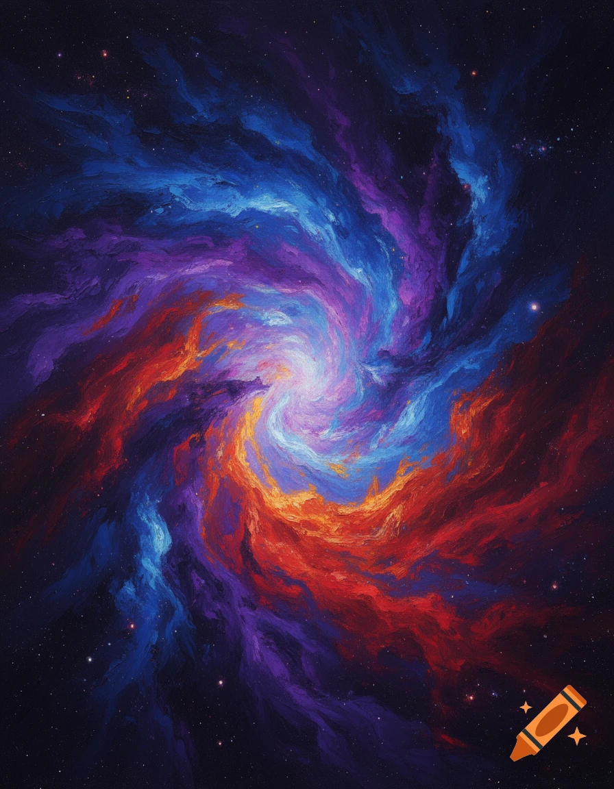 Abstract conceptual painting of a swirling nebula with vibrant blue, purple, red, and orange brushstrokes, set against a star-filled dark space.