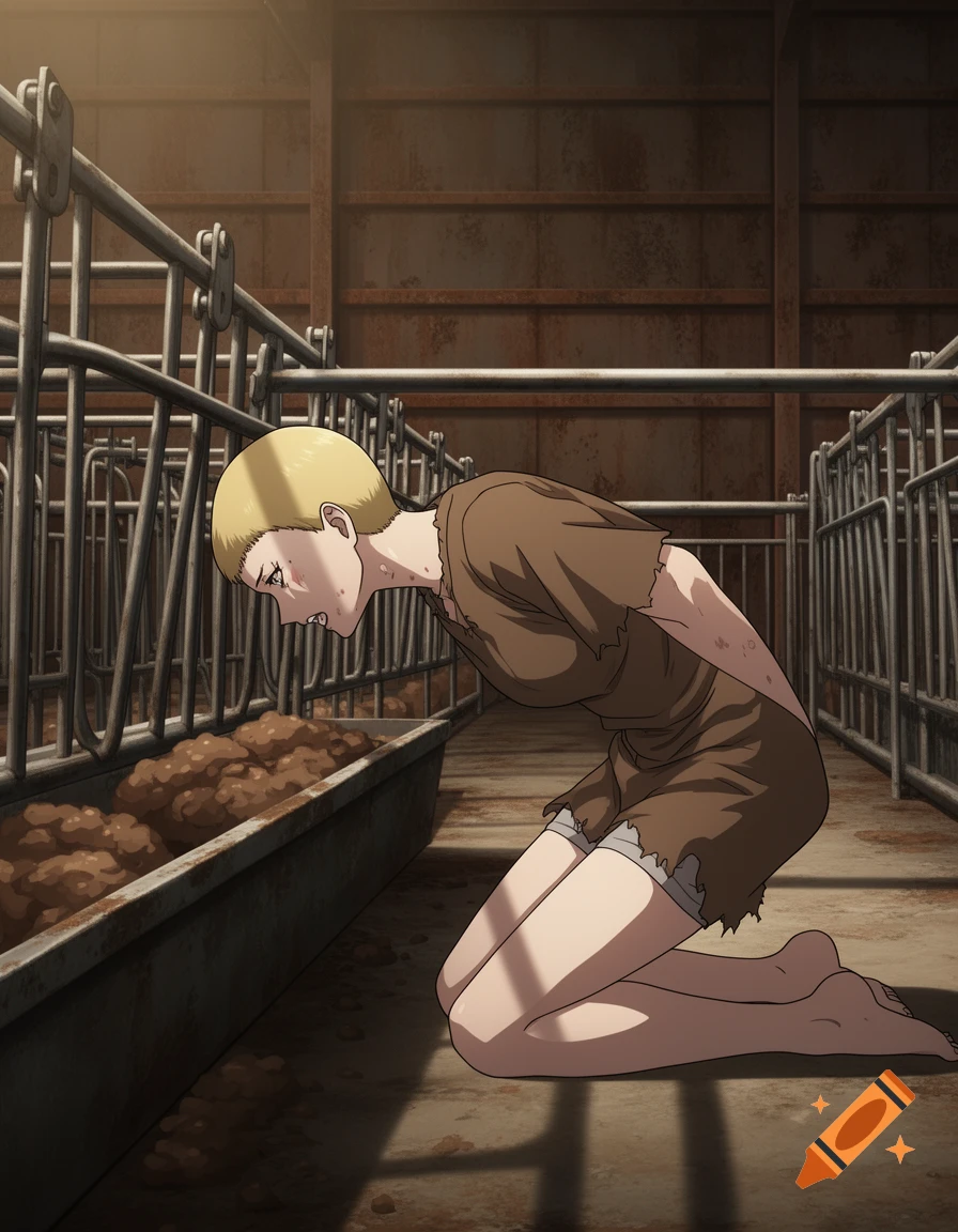 An anime drawing of a woman with a blonde buzz cut, wearing a tattered brown tunic and shorts, kneeling in a dirty metal livestock pen with a trough of mush.