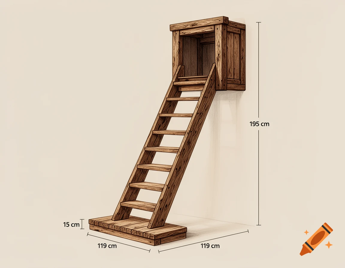 Side view drawing of a wooden miller's ladder and trapdoor with architectural measurements.