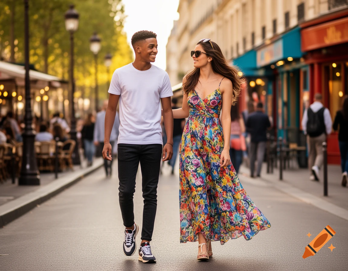 A smiling young man and woman walk down a vibrant city street lined with trees and shops.