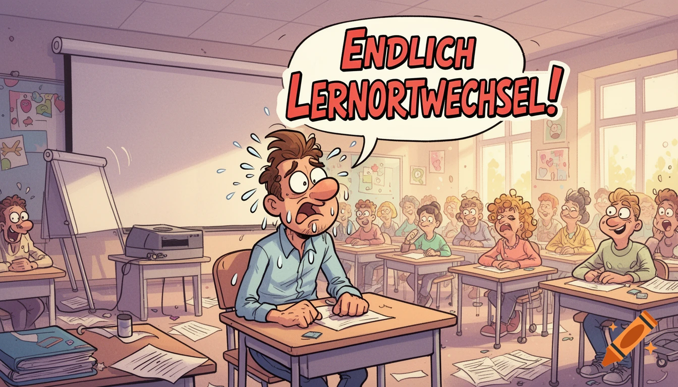 A stressed man sweating in a comic-style classroom with a speech bubble saying 'Finally a change of learning location!', surrounded by students.