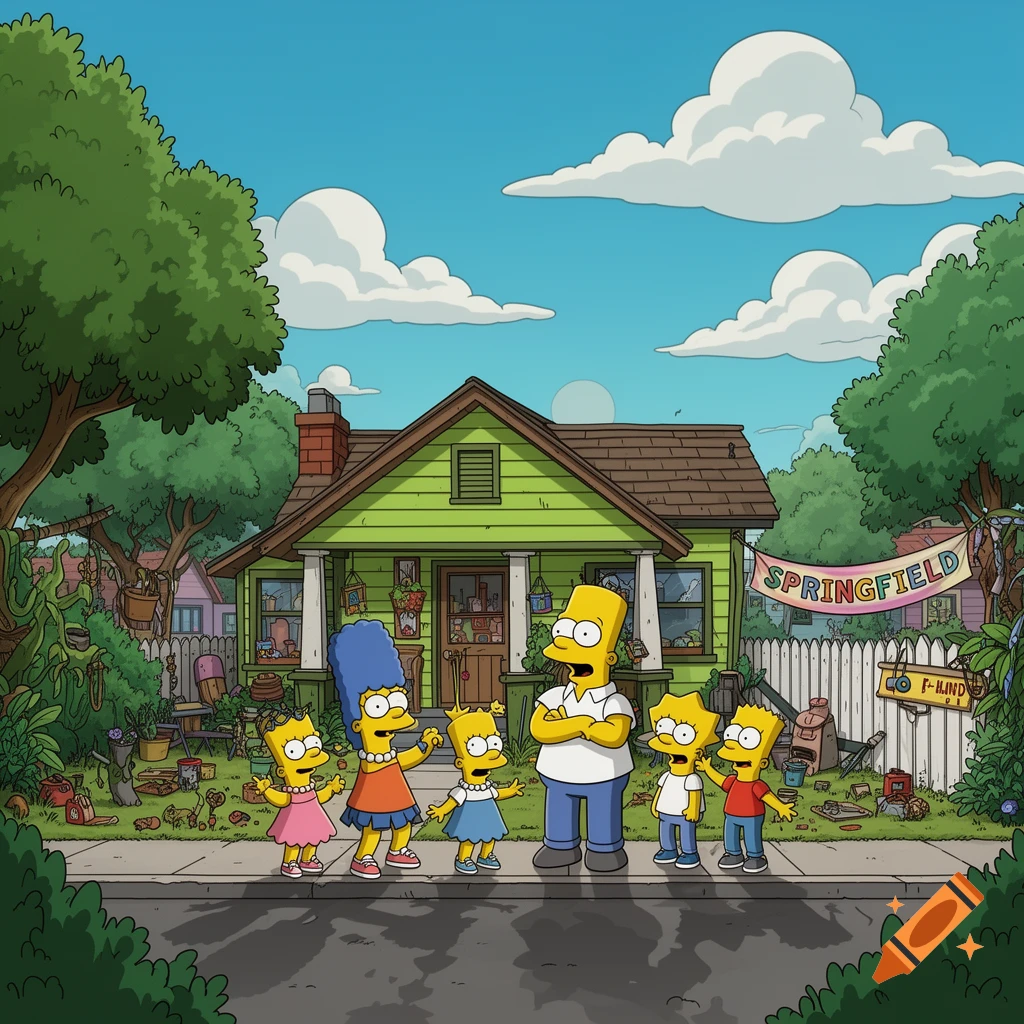 The Simpson family, with Marge, Homer, and five children resembling Bart and Lisa, stand in front of their green house, in an animated style.
