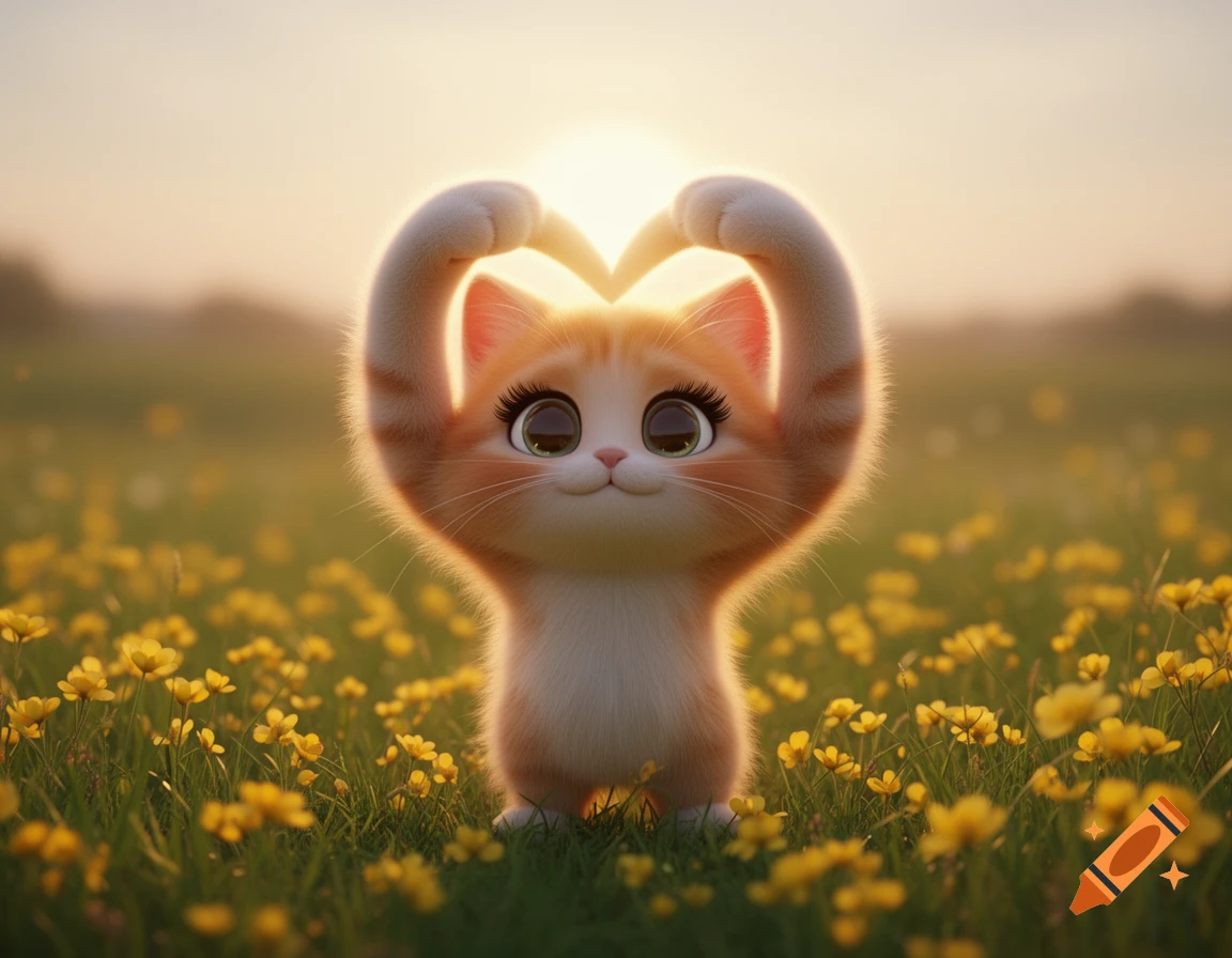 A cute, fluffy cartoon kitten forms a heart with its paws in a field of yellow flowers at sunrise.