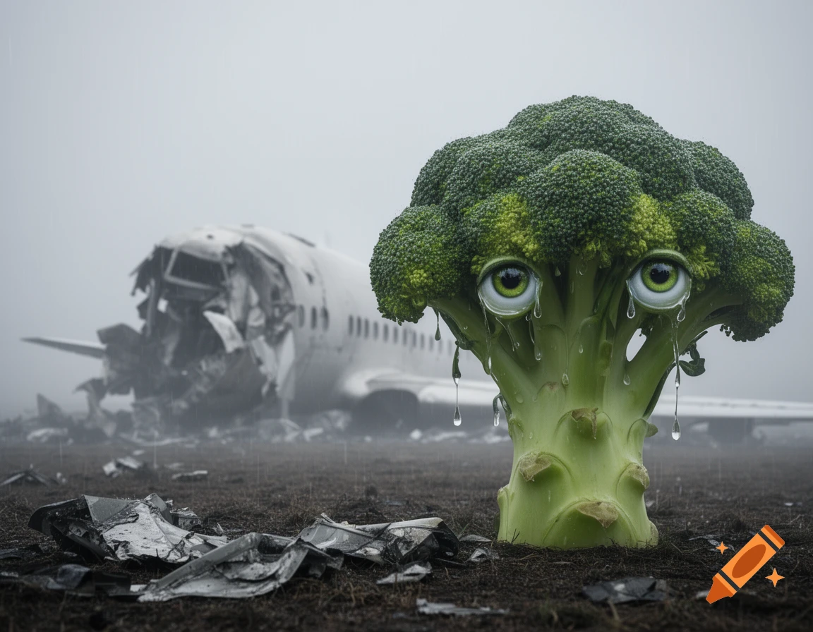 A crying broccoli with green eyes and tears dripping stands in the foreground, with a crashed airplane visible in the foggy background on a desolate field.