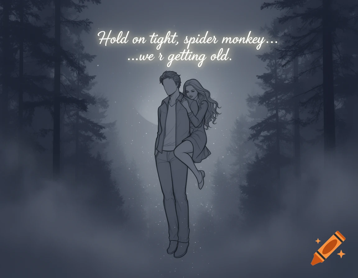 An illustration of a woman on a man's back, outlined in gray, against a misty forest with glowing white text.