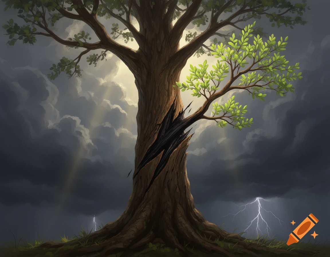 An illustration of a resilient tree with a charred scar on its trunk, vibrant green leaves, and lightning in a stormy sky.