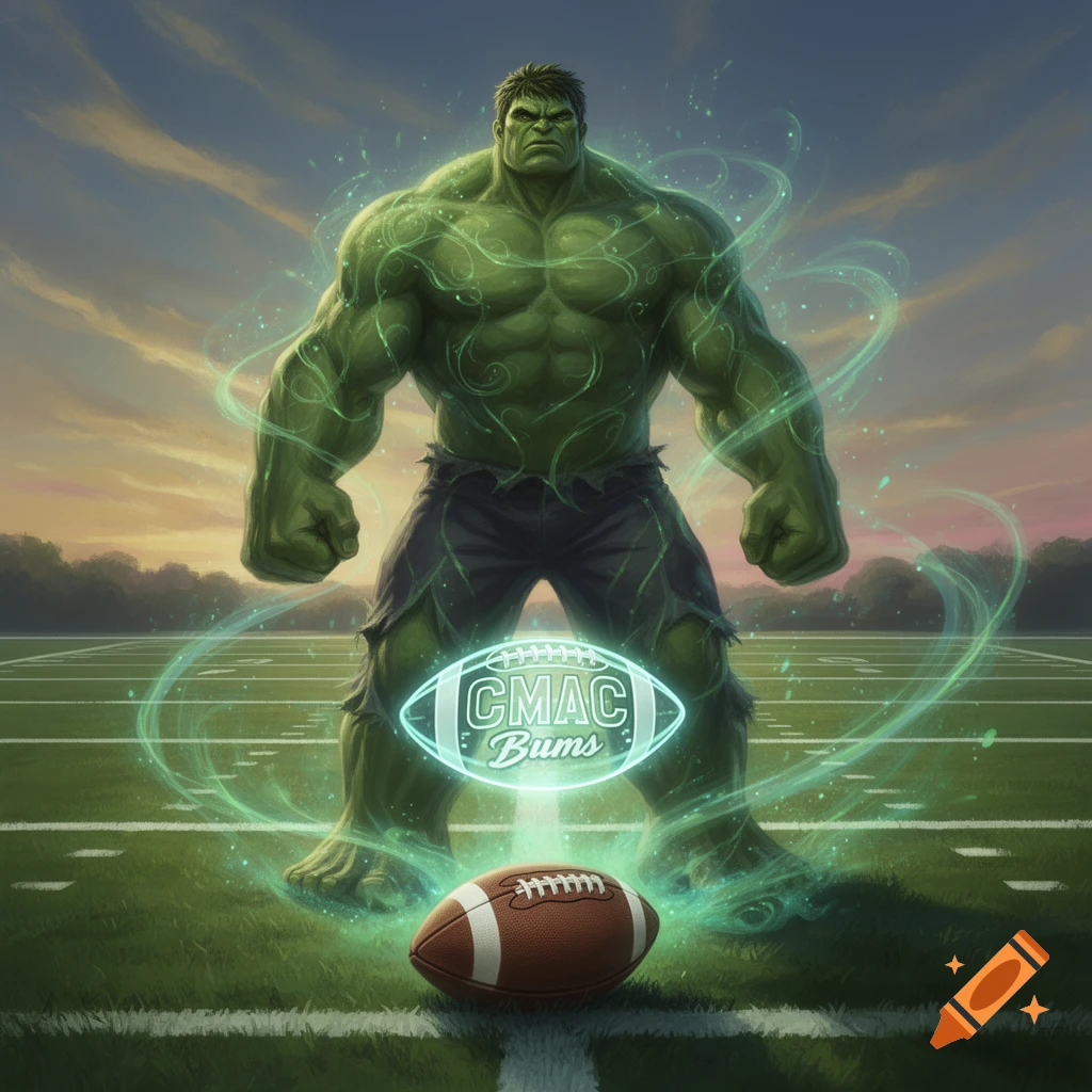 Muscular green superhero resembling Hulk standing on a football field with a glowing football logo showing "CMAC Bums".
