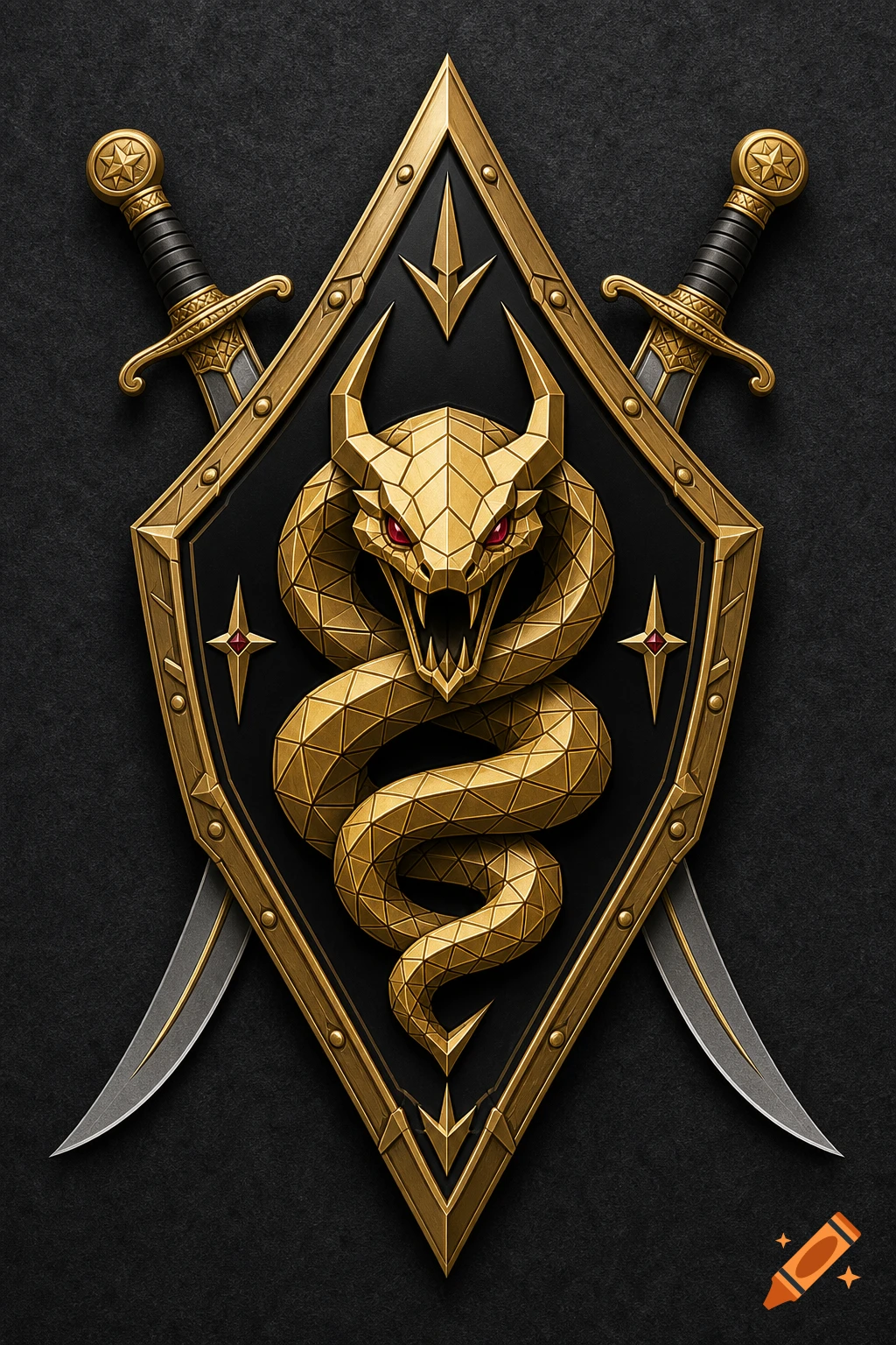 A golden geometric horned viper with red eyes on a black diamond shield, flanked by crossed swords, against a dark gray background.