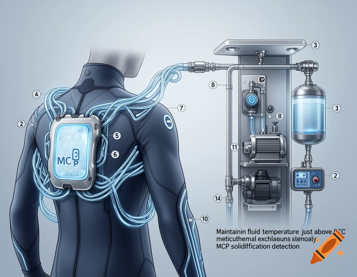 An illustration of a cooling system diagram attached to a person wearing a protective suit, with external equipment and glowing blue tubes.