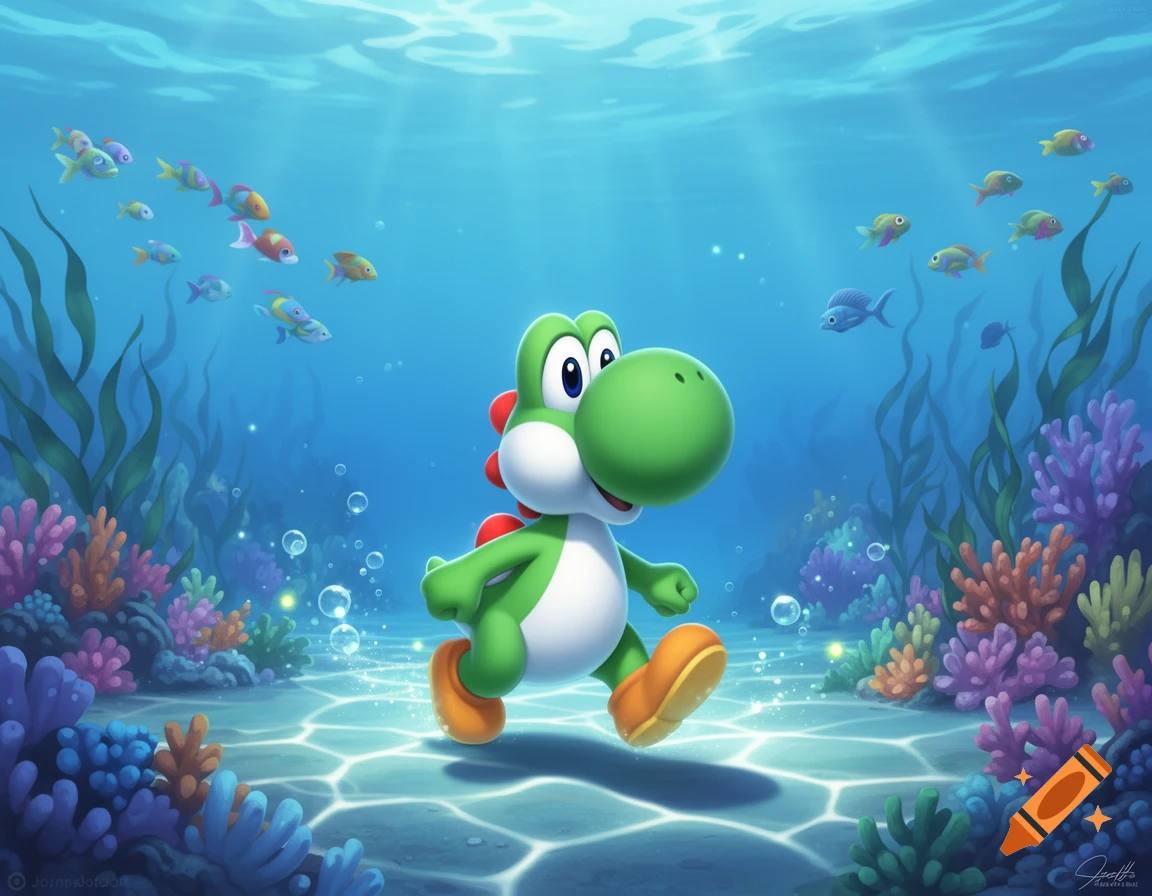 Yoshi walks happily on the seabed surrounded by colorful coral and fish in a vibrant underwater cartoon scene.