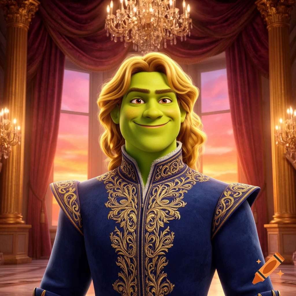 A smiling, green-skinned Prince Charming with blonde hair in a blue and gold royal suit stands in a grand palace ballroom.